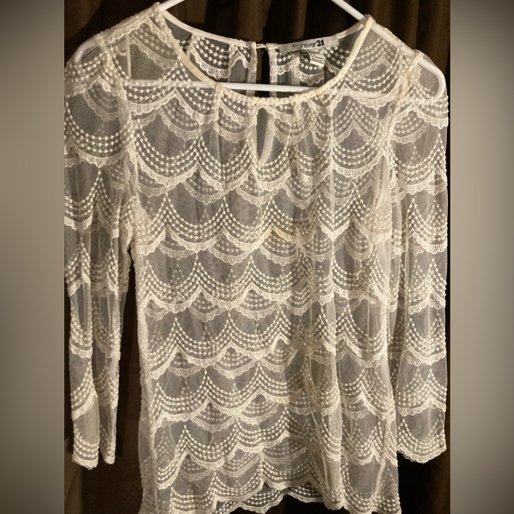 Forever 21 sheer ,lace, white blouse. Size small